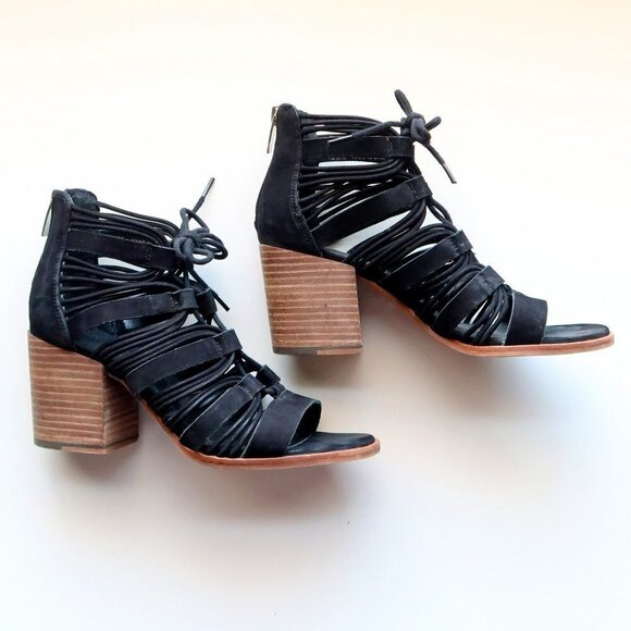 Vince Camuto Black Suede Leather Strappy Cutout Block Heel Sandals Bootie Shoes - Picture 15 of 15
